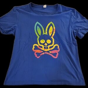 Blue T-Shirt with Colorful Bunny Design